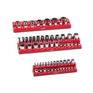 VEVOR Kit de Organizador de Dados Magnéticos, Juego de 3 de Bandejas de Dados SAE 1/4'', 3/8'', 1/2'' con Etiquetas Transparentes, Capacidad de 68 Dados Estándar y Profundos (No Incluidos), Rojo