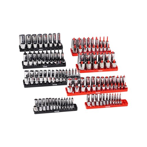 VEVOR Kit de Organizador de Dados de Mango Alto, 8 Soportes de Dados Métricos SAE de 1/4'', 3/8'', 1/2'', Etiquetas Transparentes, Capacidad de 176 Dados Profundos Estándar(No Incluidos), Negro y Rojo