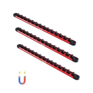 VEVOR Kit de Organizador de Dados de Riel de Aluminio, 3 PCS Bandejas de Dados Métricos SAE 1/4'', 3/8'', 1/2'' con Clips Giratorios de 360° para Caja de Herramientas, Capacidad 40 Dados, Rojo y Negro