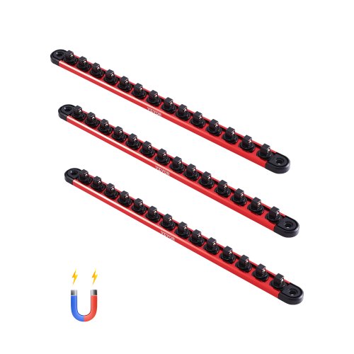 VEVOR Kit de Organizador de Dados de Riel de Aluminio, 3 PCS Bandejas de Dados Métricos SAE 1/4'', 3/8'', 1/2'' con Clips Giratorios de 360° para Caja de Herramientas, Capacidad 40 Dados, Rojo y Negro