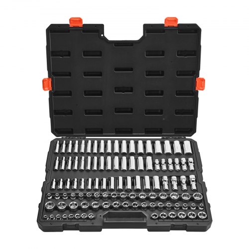 VEVOR Juego de Llaves de Vaso, con Accionamiento 9,5 mm, Medidas Métricas 6 a 24 mm, Profundas y Estándar, para Mecánicos con Estuche, Acero de Aleación CR-V Cromado, 535 x 410 x 89 mm, 104 uds