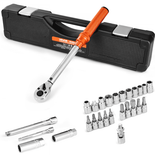 VEVOR Juego de Llaves Dinamométricas de Clic Accionamiento de 3/8" 5-60 Nm Bidireccional 72 Dientes con Vasos, Puntas, Barra de Extensión, Vasos para Bujías y Adaptador ±3 % de Precisión Naranja