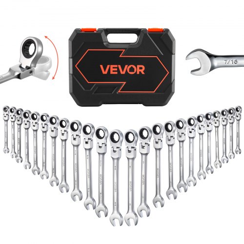 VEVOR Juego de Llaves de Trinquete 24 Unidades, Llaves Combinadas con Carraca, Cabezas Flexibles, SAE y Métrica, con Estuche de Almacenamiento, para Bricolaje Hogar Reparaciones de Automóvil, Plateado