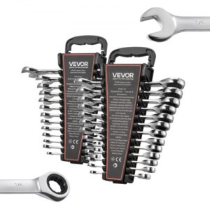 VEVOR Juego de Llaves de Trinquete 26 Unidades, Llaves Combinadas con Carraca, Métrica de 6-19 mm y SAE de 1/4 ''-7/8 '', con Organizador, para Bricolaje Hogar Reparaciones de Automóvil, Plateado