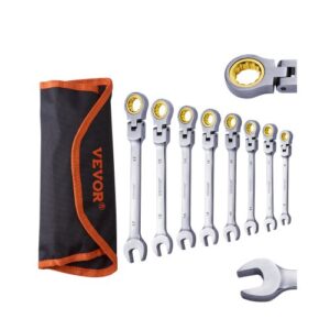 VEVOR 8 PCS Juego de Llaves de Trinquete de Cabeza Flexible, Juego de Llaves Combinadas con Bolsa Enrollable Juego de Llaves Mediano Métricas de 8-17 mm para Uso Doméstico, Reparaciones de Automóviles