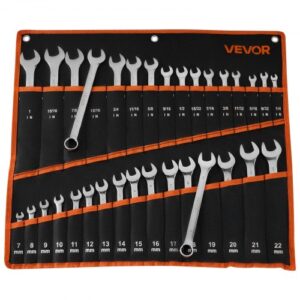 VEVOR Juego de Llaves Combinadas 32 Unidades, Llave de Estrella de 12 Puntas, Métrica y SAE, con Bolsa de Almacenamiento, Acero al Carbono, para Talleres Reparaciones de Automóvil Bricolaje Hogar