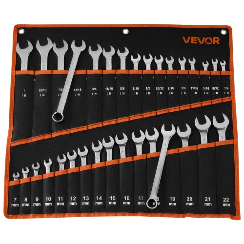 VEVOR Juego de Llaves Combinadas 32 Unidades, Llave de Estrella de 12 Puntas, Métrica y SAE, con Bolsa de Almacenamiento, Acero al Carbono, para Talleres Reparaciones de Automóvil Bricolaje Hogar