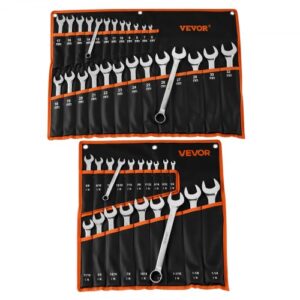 VEVOR Juego de Llaves Combinadas 44 Unidades, Llave de Estrella de 12 Puntas, Métrica de 6-32 mm y SAE de 1/4 '' a 1-1/4 '', con Bolsa de Almacenamiento, para Bricolaje Hogar Reparaciones de Automóvil