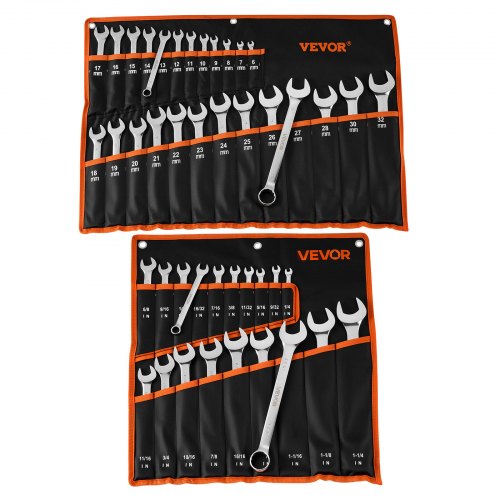 VEVOR Juego de Llaves Combinadas 44 Unidades, Llave de Estrella de 12 Puntas, Métrica de 6-32 mm y SAE de 1/4 '' a 1-1/4 '', con Bolsa de Almacenamiento, para Bricolaje Hogar Reparaciones de Automóvil