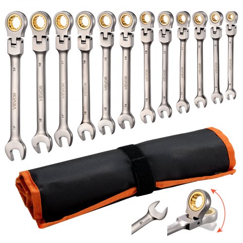 VEVOR Juego de Llaves de Trinquete 12 Unidades, Llaves Combinadas con Carraca, Métricas de 8-19 mm, Cabezas Flexibles, con Bolsa de Almacenamiento, para Bricolaje Doméstico Reparaciones de Automóvil