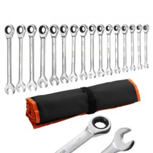 VEVOR Juego de Llaves de Trinquete 16 Unidades, Llaves Combinadas con Carraca, SAE de 1/4 ''-1 '', con Bolsa de Almacenamiento, Acero Cromo Vanadio, para Bricolaje Doméstico Reparaciones de Automóvil