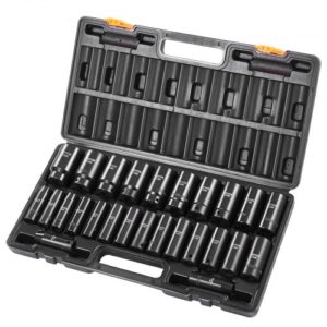 VEVOR Juego de vasos de impacto de 1/2", 26 piezas, vasos de impacto métricos de 10-36 mm de profundidad, acero de aleación Cr-V de 6 puntos, con estuche de transporte, para reparación de automóviles