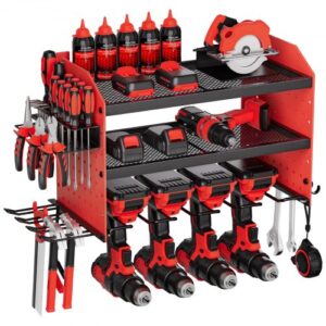VEVOR Organizador de Herramientas Eléctricas de Pared, Estante de Almacenamiento de 3 Capas con 4 Soportes para Taladros, con Tableros Perforados Laterales, para Garaje, Banco de Trabajo y Taller