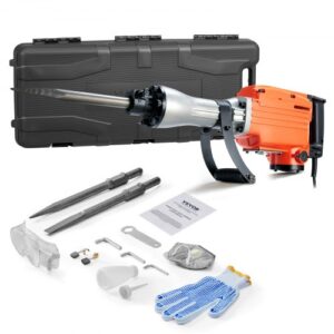 VEVOR Martillo de Demolición 2200W 66J 1350BPM Martillo Eléctrico con Cable 1-1/8" con 2 Cinceles Reemplazables Mango Giratorio 360° Rompe Hormigón Antivibración para Cincelar Construcción Fontanería