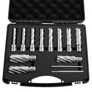 VEVOR Juego de Cortadores Anulares 13 Piezas, Juego de Brocas M2AL HSS de Vástago Weldon, Profundidad de Corte 50,8mm, Diámetro 11,11-26,98mm con 2 Pasadores Guía, 11 Cortadores para Taladro Magnético