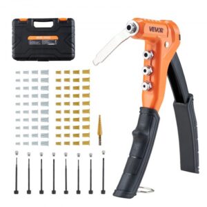 VEVOR Remachadora Manual de 23 cm, Kit Completo para Bricolaje Doméstico, con 8 Mandriles, 1 Broca Escalonada y 80 Tuercas, Medidas Métricas y SAE M3, M4, M5, M6, 6-32, 8-32, 10-24, 1/4-20 UNC