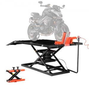 VEVOR Gato para Motocicleta, Capacidad de Peso 680 kg, Rango de Altura 177,8 a 940,2 mm, con Banco de Trabajo Extraíble, para Vehículos Todo Terreno y Motos de Cross. 2850 x 1300 x (1430-530) mm