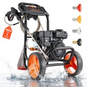 VEVOR Hidrolimpiadora de Alta Presión 2900 PSI 7 L/min, Lavadora de Gasolina de Alta Presión de Perfil Bajo con Bomba de Aluminio, Manguera de 7,9 m, 4 Boquillas, Ruedas para Coches Ventanas Paredes