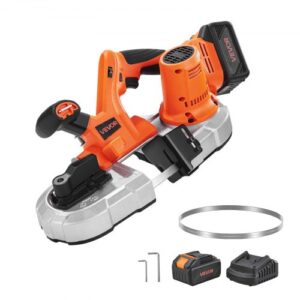 VEVOR Kit de Sierra de Cinta Portátil Inalámbrica, Corte Profundo de 6,5 cm con 360 W Motor sin Escobillas y Batería de 4 Ah, Velocidad Variable de 0 a 192 m/min, para Cortar Metal y Madera