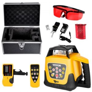 VEVOR Kit de Nivel Láser Giratorio de Haz Rojo, Alcance de 300 m, Inclinación Ajustable, Rotación de 360 ??Grados, Estuche de Transporte, Resistencia al Agua IP54, Receptor de Control Remoto