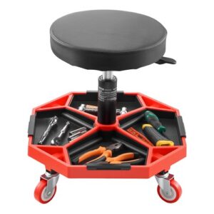 VEVOR Taburete Mecánico con Ruedas Carga de 136 kg Asiento de Garaje Altura Ajustable 420 y 550 mm Taburete de Trabajo con Bandeja para Herramientas para Taller, Reparación de Autos, Negro y Rojo