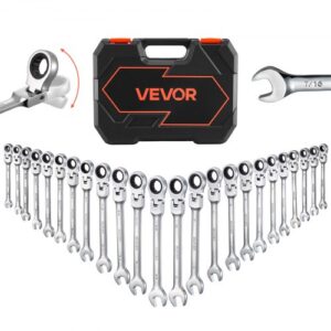 VEVOR Juego de Llaves de Trinquete 24 Unidades, Llaves Combinadas con Carraca, Cabezas Flexibles, SAE y Métrica, con Estuche de Almacenamiento, para Bricolaje Hogar Reparaciones de Automóvil, Plateado