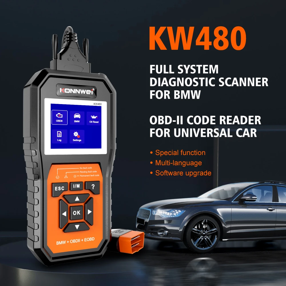 BMW Scanner Herramienta de Diagnóstico Konnwei kw480 Sistema Completo BMW OBD2 Scanner Lector de Códigos con Todos los Servicios de Reset, ABS, EOBD,informacion en tiempo real,EPS,inyectores,ECM,CBS,TCM,EPB