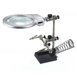 Soporte con lupa manos libres para electrónica con luz LED y soporte soldador