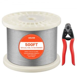 VEVOR Cable de Acero Inoxidable 316 Diámetro de 3,2 mm, Rollo de Cuerda de Alambre 152,4 m, Resistencia a la Rotura de 798,3 kg, Construcción de 1 x 19, para Barandillas y Enrejados de Jardín