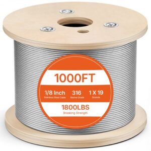 VEVOR Cuerda de Cable de Alambre de Acero Inoxidable T316 300 m, Cable de Acero de Alta Resistencia, Construcción de Cable de Alambre 1 x 19 para Aparejo y Elevación, Diámetro del Cable 3,2 mm