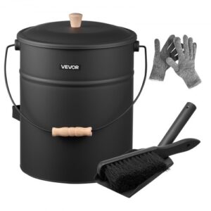VEVOR Cubo de Cenizas con Tapa 4 en 1, Incluye Cubo para Carbón, Pala, Escoba y Guantes, Capacidad de 15 L para Chimeneas, Fogatas y Estufas de Leña, Acero al Carbono, Color Negro, 254 x 305 mm
