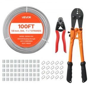 VEVOR Kit de Cable de Acero Inoxidable de 30,5 m, Trenzado 7 x 7, Diámetro de 3,2 mm, Carga Máxima 725 kg, con Engastador y Cortacables, para Barandillas, Iluminación Colgante y Proyectos de Bricolaje