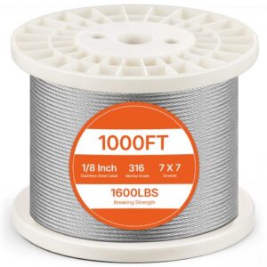 VEVOR Kit de Cables de Alambre de 3,18mm Alambre de Acero Inoxidable 316 de 305m con Cortador y Guantes, Resistencia a la Rotura de 7,1 kN, 7 x 7 Hebras, Cables de Grado de Aeronáutico para Pasamanos