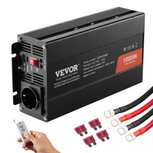 VEVOR Inversor de Corriente de Onda Sinusoidal Pura Inversor de Corriente 1000 W CC 12 V a CA 230 V con 2 Salidas de CA, 2 Puertos USB, 1 Puerto Tipo C y Control Remoto para teléfonos inteligentes, PC