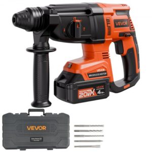 VEVOR Taladro Percutor Inalámbrico sin Escobillas, Atornillador Rotativo de 28 mm Kit de Herramientas Eléctricas Ligeras SDS-Plus con Batería de Litio y Cargador, 4 Funciones 1200 RPM 5300 BPM