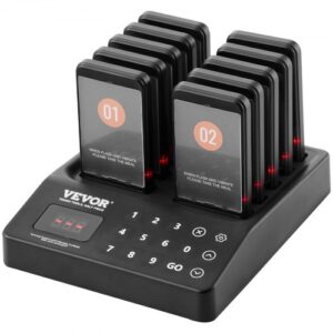 VEVOR Sistema de Buscapersonas para Restaurante Señal de Cola Inalámbrica Alcance de 400 m Pitido de Llamada de Cliente con Vibración e Intermitente 10 Zumbadores para Hospital, Cafeterías, Tiendas