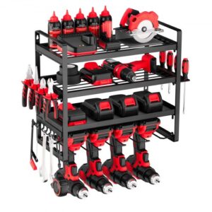 VEVOR Organizador de Herramientas Eléctricas de Pared, Estante de Almacenamiento de 4 Capas con 4 Soportes para Taladros, para Garaje, Banco de Trabajo y Taller, 490 x 200 x 370 mm, Carga 60 kg
