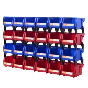 VEVOR Contenedor de Pernos 24 Cajas de Almacenamiento Apilables para Taller 137 x 105 x 78 mm Combinación Azul/Roja Contenedor de Herramientas para Armario, Cocina, Oficina, Despensa, Estante, Pared