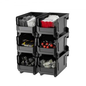 VEVOR Cajas Apilables, 377 x 215 x 180 mm, Cajas de Almacenamiento con Apertura Frontal, para Organizar y Guardar Piezas Pequeñas, Suministros de Oficina y Otros Accesorios, Color Negro, 6 uds