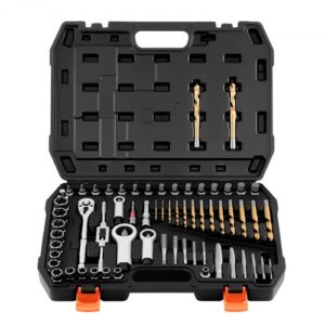 VEVOR Juego de Extractor de Tuercas y Tornillos Dañados 63 Piezas, con Partidor de Tuercas, Macho de roscar, Brocas, Llaves de Trinquete, Adaptadores Estuche, para Sacar Pernos Rotos Oxidados Pintados