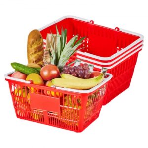 VEVOR Cestas de Compra con Asas 4 Piezas 430 x 305 x 215 mm, Apilables, de Plástico PE, Estructura de Malla Densa, Capacidad de hasta 9,07 kg, para Supermercados, Tiendas, Uso Doméstico, Rojo