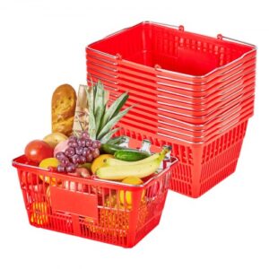 VEVOR Cestas de la Compra Apilables, Plástico PE, 21 L, con Asas Metálicas, Estructura de Malla Densa, Carga 9,07 kg, para Supermercados, Tiendas, Tiendas Minoristas y Uso Doméstico, Rojo, 12 uds