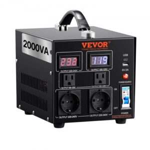 VEVOR Transformador Convertidor de Voltaje Sube/Baja 220-110V/110-220V Convertidor 2000VA CE con 2 Enchufes NEMA 5-15R de 3 Pines EE.UU., 2 Enchufes Shucko Europeos, 1 Conector USB, 1 Conector Tipo-C
