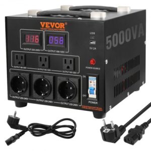 VEVOR Transformador Convertidor de Voltaje Sube/Baja 220-110V/110-220V Transformador de Potencia 5000VA CE con 3 Enchufes NEMA 5-15R EE.UU. 3 Pines 3 Enchufes Shucko UE 1 Puerto USB 5V 1 Toma Tipo-C