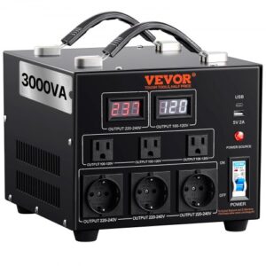 VEVOR Transformador Convertidor de Voltaje Sube/Baja 220-110V/110-220V Convertidor 3000VA CE con 3 Enchufes NEMA 5-15R de 3 Pines EE.UU., 3 Enchufes Shucko Europeos, 1 Conector USB, 1 Conector Tipo-C
