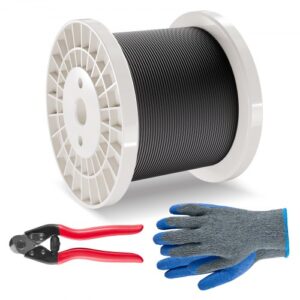 VEVOR Kit de Cables de Alambre de 3,18 mm Cable de Acero Inoxidable 316 de 152,4 m con Cortador y Guantes, Resistencia a la Rotura de 7,1 kN, 7 x 7 Hebras, Cables de Grado de Aeronáutico, Negro
