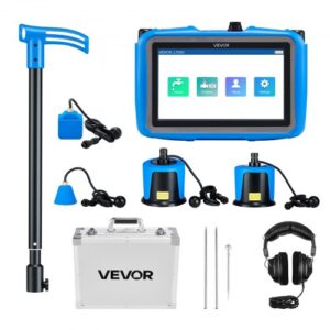 VEVOR Detector de Fugas de Agua de Tuberías, 4 Sensores, 1–10 000 Hz, Pantalla Táctil 17,78 cm, con 3 Varillas de Escucha, Auriculares, Tarjeta 8 GB y Estuche de Transporte, Profundidad 0,5–5 m