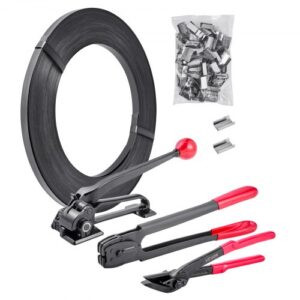 VEVOR Juego de Flejes Manuales Banda Acero 19 mm x 183 m, Kit de Herramientas de Flejado con Tensor, Selladora, Cortador, 300 Hebillas Metálicas, para Transporte Carga Pesada Logística Empaquetado