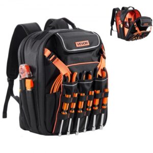 VEVOR Mochila para Herramientas, Mochila de Trabajo 330 x 220 x 440 mm con 45 Bolsillos, Compartimento para Portátil y Base de Tela Reforzada, Organizador de Herramientas para Electricistas