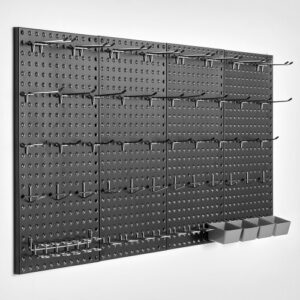 VEVOR Paneles Perforados de Metal de 609,6 x 304,8 x 19 mm 4 Paneles, Organizador de Pared Resistente con Accesorios, para Sala de Estar, Almacenamiento de Herramientas, Sala de Manualidades, Negro